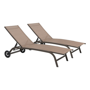 Adjustable Chaise Lounge Chair Outdoor Recliner with Wheels (Set of 2), Brown