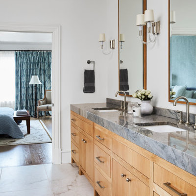 Inspiration for a large transitional master white tile porcelain tile, beige floor and double-sink bathroom remodel in Dallas with flat-panel cabinets, beige cabinets, a bidet, white walls, an undermount sink, quartzite countertops, a hinged shower door, blue countertops and a built-in vanity