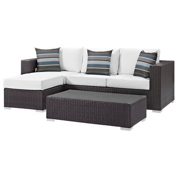 Lounge Sectional Sofa and Table Set, Rattan, Wicker, Dark Brown White, Outdoor