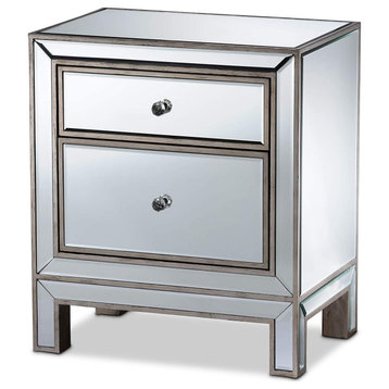 Contemporary Nightstand, Mirrored Body With Beveled Edges, Antique Silver