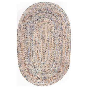 Hand Braided Twined Jute and Denim Area Rug, Blue, 5'x8' Oval