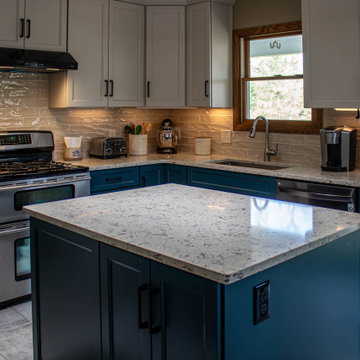 Two Tone Teal and Cream Kitchen with Romano White Quartz Countertop