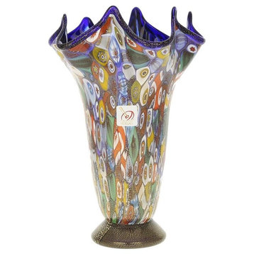 GlassOfVenice Murano Glass Millefiori Gold Fazzoletto Vase - Cobalt Blue