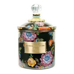 Flower Market Small Enamel Canister - Black | MacKenzie-Childs - Bathroom Canisters