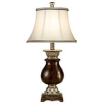 StyleCraft Home Collection - Winthrop Table Lamp with Antique Silverand Ivory Oval Bell Shade. - Sure to be an outstanding light for a bedroom, office, or dining room, this stylish brown table lamp also works well in a hallway or living room. The frame is a dark brown color with a khasi silver finish that highlights all the details of the intricate design. The finishing touch is an ivory fabric shade with dark brown accents.