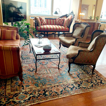 Condo Living Room Design Complete with Persian Antique Heriz Rug