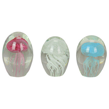 Blue Pink and White Glass Art Glow In the Dark Jellyfish Paperweights Set of 3