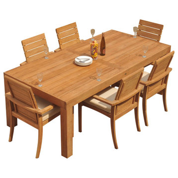 7-Piece Outdoor Teak Dining Set: 86" Rectangle Table, 6 Alps Stacking Arm Chairs