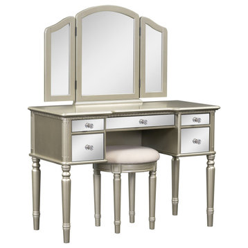 TATEUS 43" Dressing Table Set With Mirrored Drawers and Stool, Gold