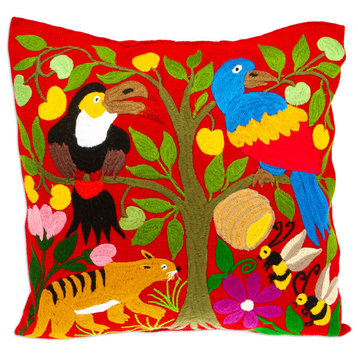 Novica Handmade Jungle Fete Embroidered Cotton Cushion Cover
