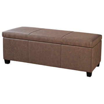 Contemporary Ottoman, Large Design With Hinged Lid, Rustic Brown Faux Leather