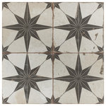 Merola Tile - Kings Star Nero Ceramic Floor and Wall Tile - Old-world European elegance radiates from our Kings Star Nero Ceramic Floor and Wall Tile, imported from Spain. Save time and labor spent arranging smaller square tiles and instead install these durable ceramic slabs, which have four squares separated by scored grout lines. The defining feature of this encaustic-inspired tile is the unique, low-sheen glaze in beige tones with centered black stars in each square. Variation throughout each tile mimics an authentic aged appearance. Designed by interior architect and furniture designer Francisco Segarra, this tile is a true reflection of vintage industrial design. Realistic imitations of scuffs and spots that are the marks of well-loved, worn, century-old tile bring rustic charm to your interior. These rustic scuffs and spots convince that this tile is truly aged. There are 9 different variations available that are randomly scattered throughout each case. The scored grout lines can be grouted with the color of your choice to further customize your installation.
