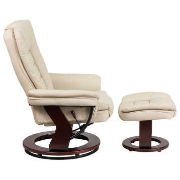 Contemporary Leather Recliner And Ottoman Set, Beige