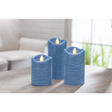 Set of 3 Blue LED Pillar Candles With Aurora Flame and Remote Control