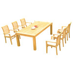 Teak Deals - 7-Piece Outdoor Teak Dining Set: 86" Rectangle Table, 6 Mas Stacking Arm Chair - Set includes: 86" Canberra Rectangle Fixed Dining Table and 6 Stacking Arm Chairs.