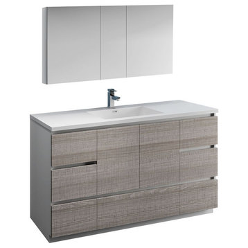 Lazzaro 60" Ash Gray Single Sink Vanity Set, Fortore Faucet, Brushed Nickel