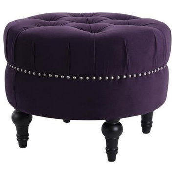 Dawn Tufted Round Ottoman Nailhead Accents Purple Velvet