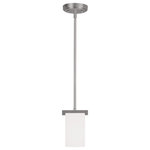 Livex Lighting - Astoria Mini Pendant, Brushed Nickel - The minimalist Astoria collection draws the eye to the soft, warm glow of the light emitted from the cylindrical satin opal etched glass shades available in a subdued brushed nickel or soft olde bronze.