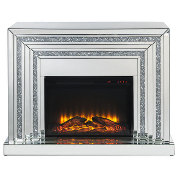 Benzara BM226903 Electric Fireplace With Mirror Panel Framing, Silver