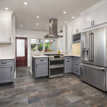Modern Transitional Two-Tone Kitchen Remodel | White & Gray Cabinets, Brick