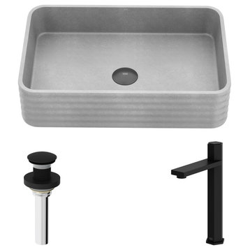 Cadman Concreto Stone Bath Vessel Sink, Faucet/Pop-Up Drain, Matte Black