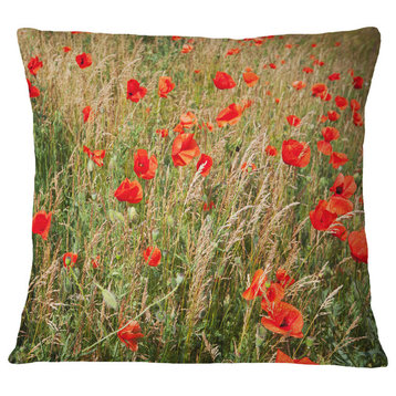 Red Poppy Field With Full of Flowers Flower Throw Pillow, 16"x16"