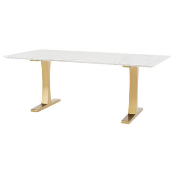 Nuevo Toulouse Marble Stone & Metal Dining Table in Polished White/Brushed Gold