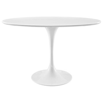 Mid-Century Modern Dining Table, Pedestal Metal Base With Oval Top, White Finish