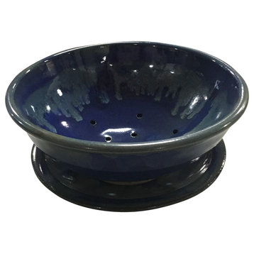 Classic Cobalt Blue Berry Bowl Saucer Set, Pottery Colander Strainer Plate