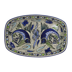 Le Souk Ceramique - Rectangular Stoneware Platter Aqua Fish Design - Serving Dishes And Platters