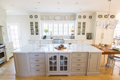 Inspiration for a country kitchen remodel in Other with shaker cabinets, white cabinets, marble countertops, an island and white countertops