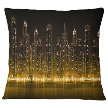 Modern City with Illuminated Skyscrapers Cityscape Throw Pillow, 18"x18"