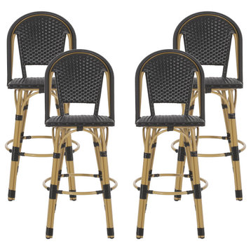Cotterell Outdoor French Wicker and Aluminum 29.5" Barstools, Set of 4, Black/Bamboo Finish