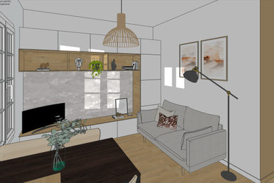 Inspiration pour une petite salle de séjour design avec parquet clair, aucune cheminée et du papier peint.