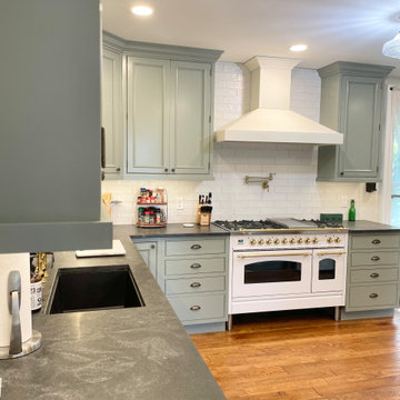 Light Green Custom Inset Kitchen With Virginia Mist Granite Counters