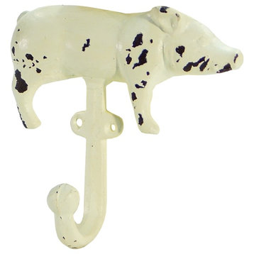 White Pig Single Hook Wall Decor Chippy Cast Iron 5.25 Inches