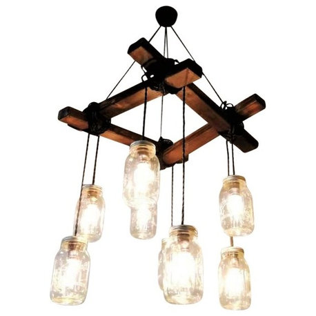 Square Modern Wooden Mason Jar Chandelier with 8 Pendants ,Industrial Lighting