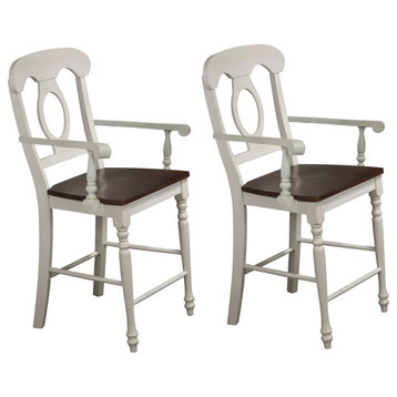 Napoleon Barstool With Arms, Antique White With Chestnut Brown Seat, Set of 2