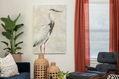 Living room - large open concept carpeted living room idea in Tampa with white walls