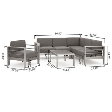 Crested Bay Outdoor Aluminum 6 Seater Sectional Sofa Chat Set with Cushions, Silver/Khaki