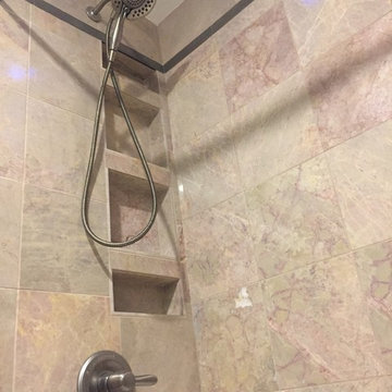 Compact Full Bath Renovation with Marble Tile Bathtub Surround