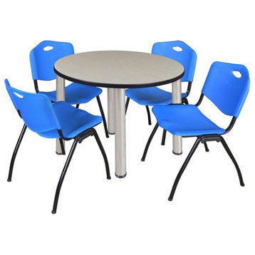 Kee 36" Round Breakroom Table, Maple/Chrome and 4 "M" Stack Chairs, Blue