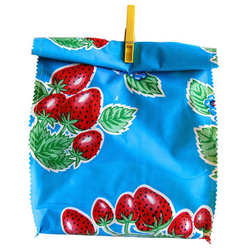 Oil Cloth Lunch Bag, Blue Strawberry With Yellow Stripes
