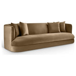 Meridian Furniture - Alder Upholstered Chair, Beige, Velvet, Sofa - The Alder beige velvet upholstered sofa is an invitation to relax. Its rounded silhouette and soft velvet upholstery create a cozy and inviting space, perfect for stretching out and relaxing. Whether you're enjoying a quiet moment or hosting guests, this sofa is the perfect centerpiece for any living space.