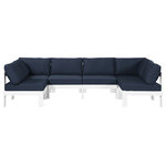 Meridian Furniture - Nizuc Water Resistant Patio U-Shaped Modular Sectional, Navy, 6-Piece: 4 Armless Chair, 2 Corner Chair, White Aluminum Frame - Pick and choose your favorites from the Nizuc collection to create a modular seating group the whole gang will enjoy. The sturdy aluminum frame provides dependable support for friends and family as they relax and unwind, and the resilient navy water resistant fabric stands up to the elements without losing its beautiful demeanor, so you can count on it lasting for the long haul. Latches beneath these seating pieces help you easily attach them to one another for convenient setup.