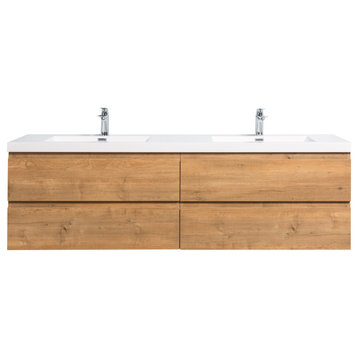 Alma-Pre 4 Drawers Wall Mount Vanity, Integrated White Sink, Natural Oak, 84