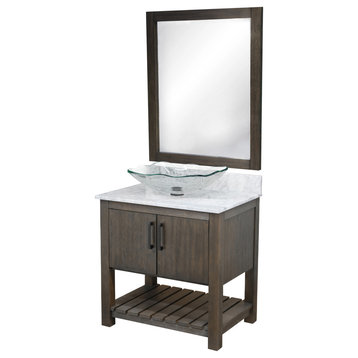 30" Vanity, Carrara White Marble Top, Sink, Drain, Mounting Ring, and P-Trap, Matte Black, Mirror Included