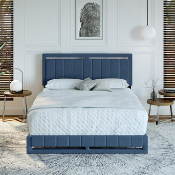 Modern Linen Platform Bed With Vertical Saddle Stitched Headboard, Blue, King
