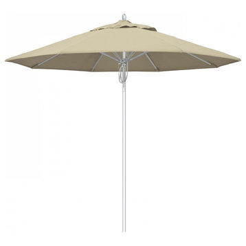 9' Patio Umbrella Silver Pole Fiberglass Rib Pulley Lift Sunbrella, Beige