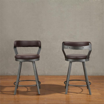Pemberly Row Metal Swivel Counter Height Chair in Brown (Set of 2)
